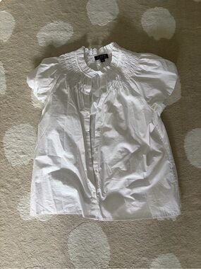 J. Crew White Smocked Neck Puff Sleeve Cotton Top